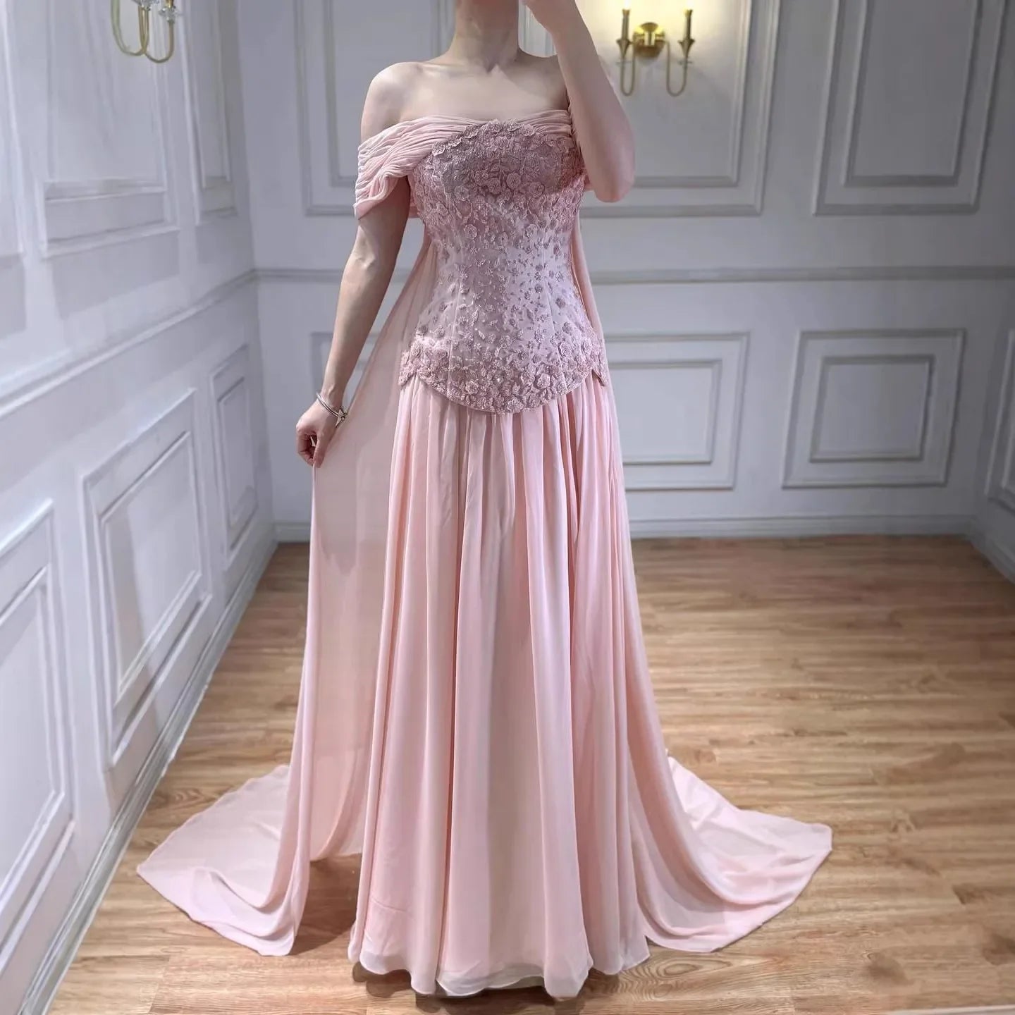 Zapdress Pink Chiffon Evening Dress 2026 Elegant Off-Shoulder Formal Party Gowns with Cape at the Back Customized (ZD17254)