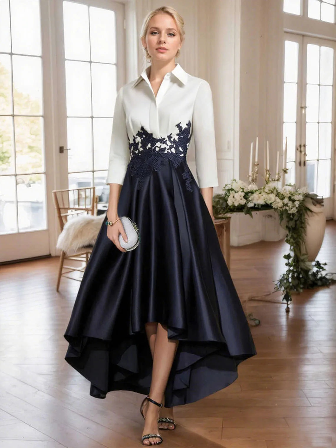 Mother Of The Bride Gown - Vintage A Line V Neck Mother of the Bride Dress Asymmetrical Evening Dress Pleats Lace Wedding Guest Gown Free Customized Dark Navy