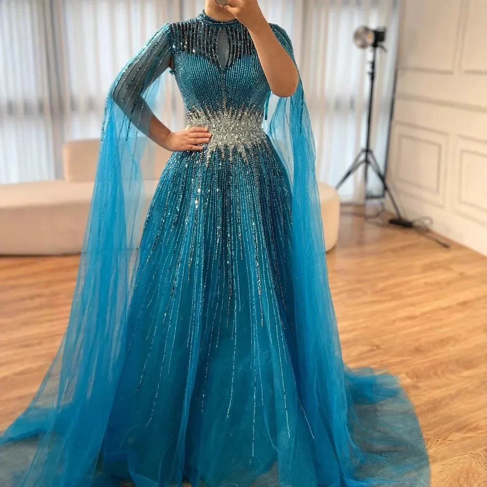 Elegant Modest Blue Beaded Evening Dress with Cape Sleeves Dubai Gown Zapdress 2025 Customized (ZD17239)