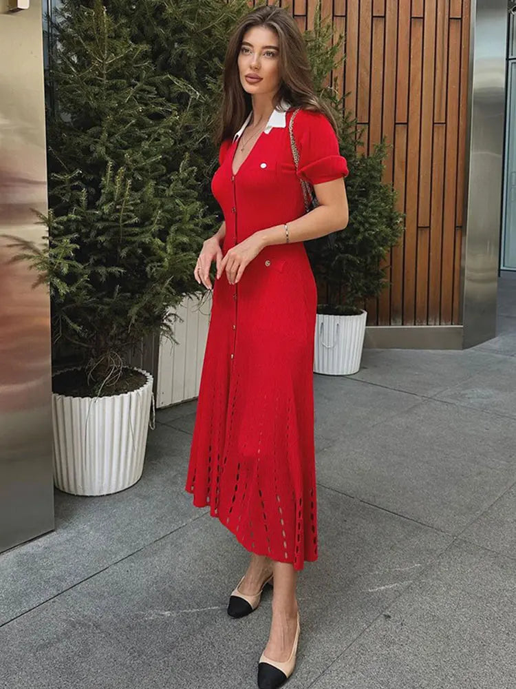Ribbed Contrast Collar Short Sleeve Buttoned Midi Dress