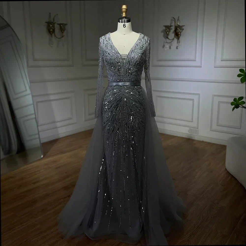 Zapdress Customized Turquoise Long Sleeves Mermaid Beaded Evening Dresses Overskirt Party Gowns For Women DLA72239A (ZD17191)
