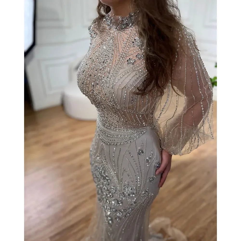 Zapdress Customized Silver Beaded Mermaid Evening Dresses 2025 Full Sleeves Elegant Party Gowns For Women (ZD17179)