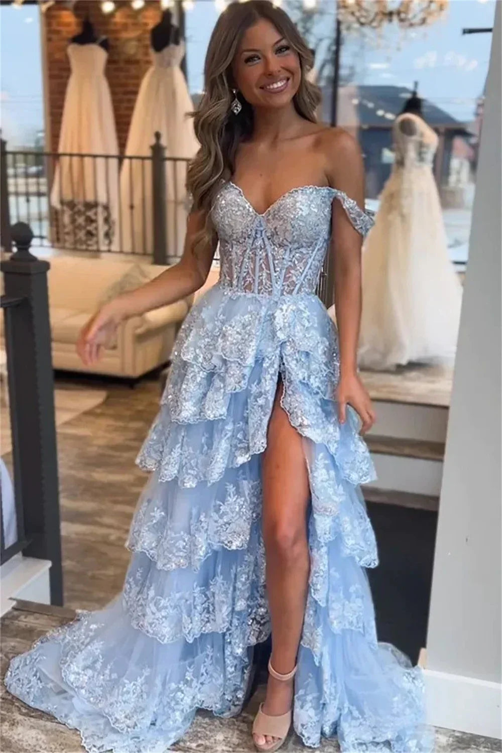 Glitter Black Lace Prom Dress - View 4 | VelvetHem