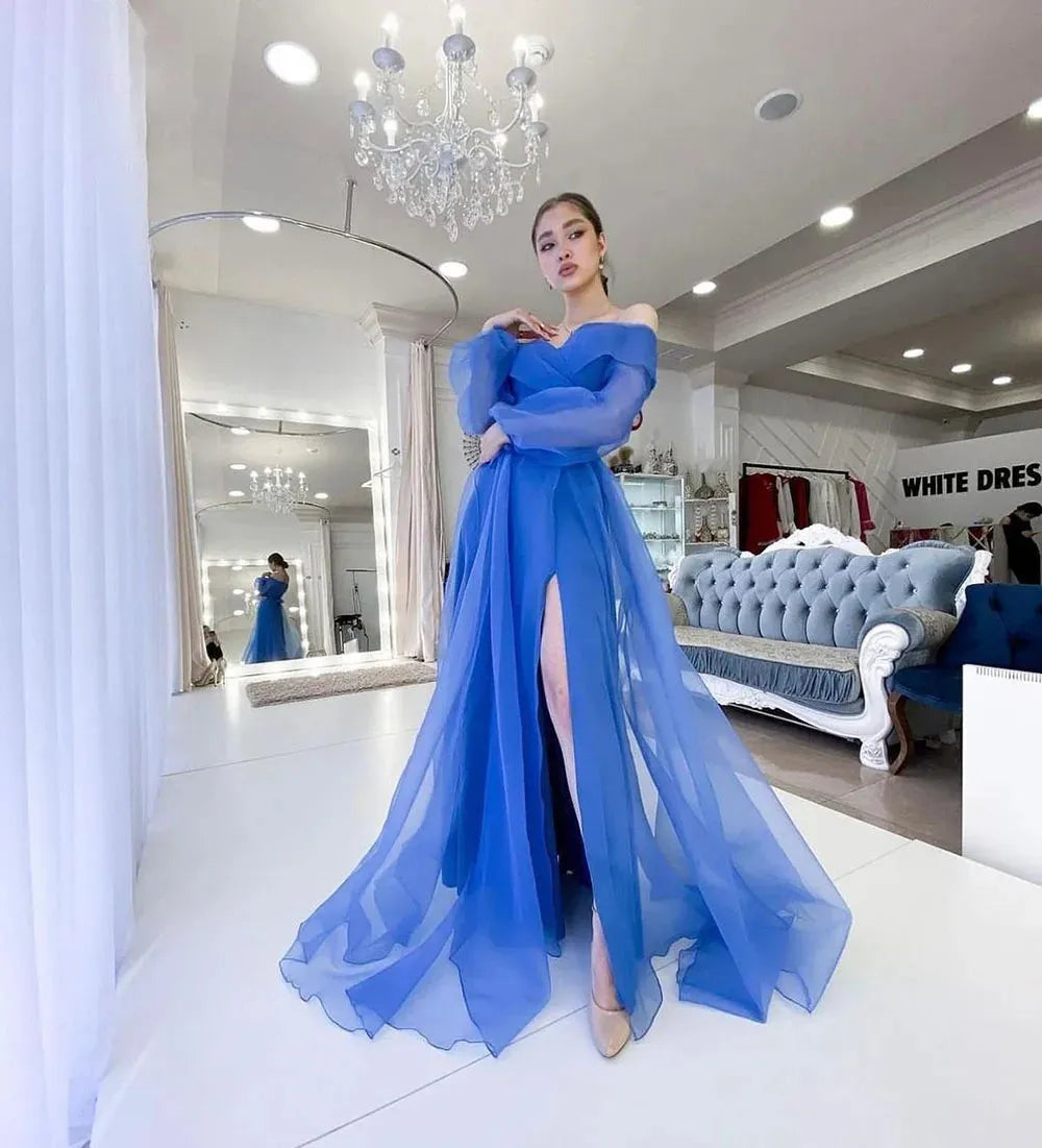 Elegant Blue A-Line Tulle Evening Dresses Off The Shoulder Puff Sleeves Prom Dress Formal Occasion Dress Party Gown