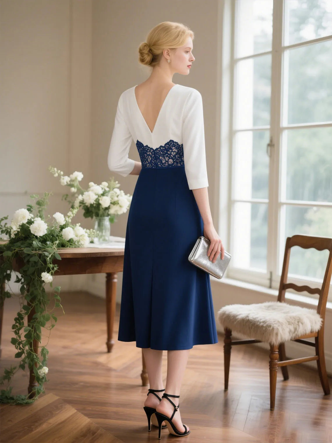 Mother Of The Bride Dress - Sexy Modern A-Line V Neck Mother of the Bride Dress Tea Length 3/4 Sleeve Appliques Slit Evening Dress Free Customized