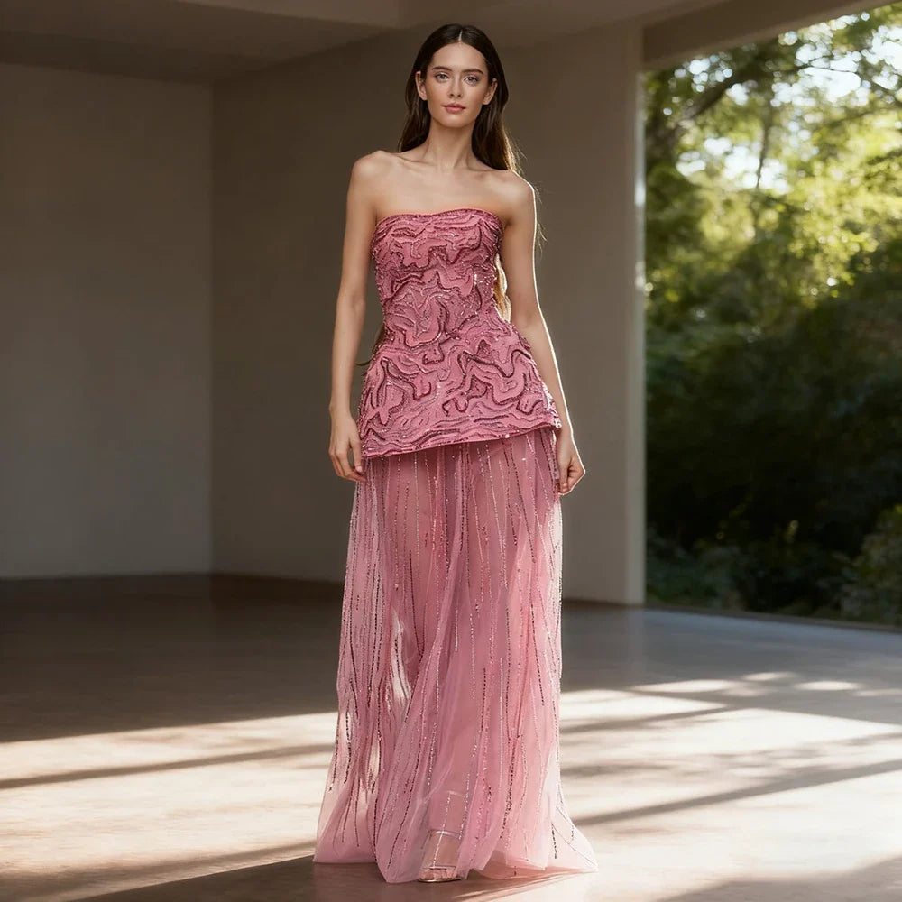 Zapdress Pink Strapless A Line Evening Dress 2025 Two Piece Elegant Party Gowns for Women DLA73207 Customized (ZD17299)