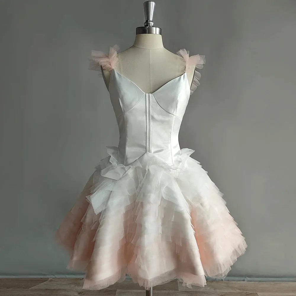Princess Short Satin Sweetheart Mini Wedding Dress Spaghetti Strap Tulle Slim Line Brided Gown As Picture