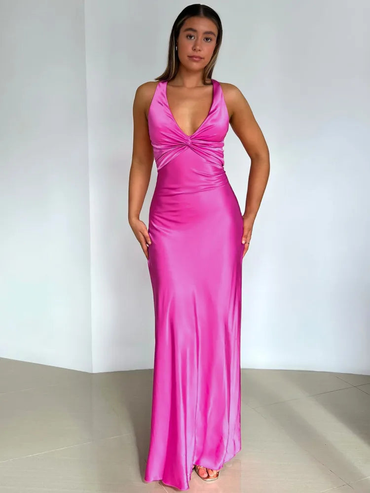 Satin Ruched Backless Maxi Dress - View 3 | VelvetHem