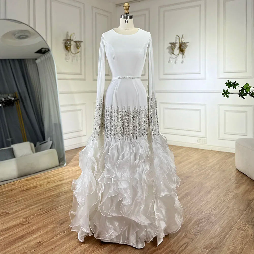 Zapdress 2025 Champagne Mermaid Luxury Cape Sleeves Beaded Satin Saudi Evening Dresses Gowns for Party DLA72317A Customized (ZD17235)