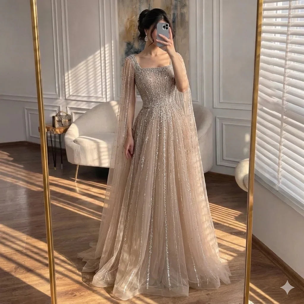 Zapdress Turquoise Square Collar Beaded Evening Dress with Cape Sleeves Dubai Pary Gowns for Women DLA73188 Customized (ZD17252)