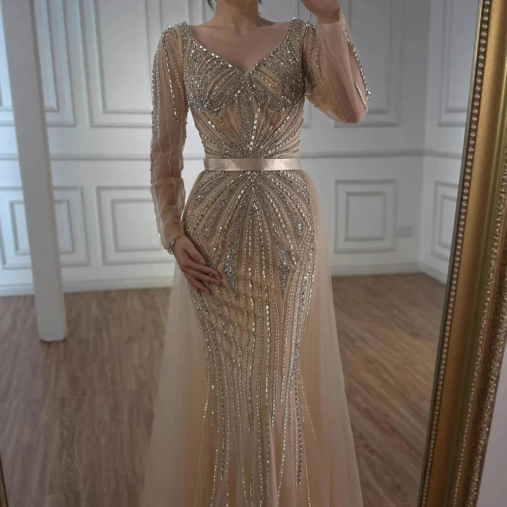 Zapdress Pink V-neck Long Sleeves Beaded Evening Dress with Detachable Overskirt Party Gown for Women Customized (ZD17196)