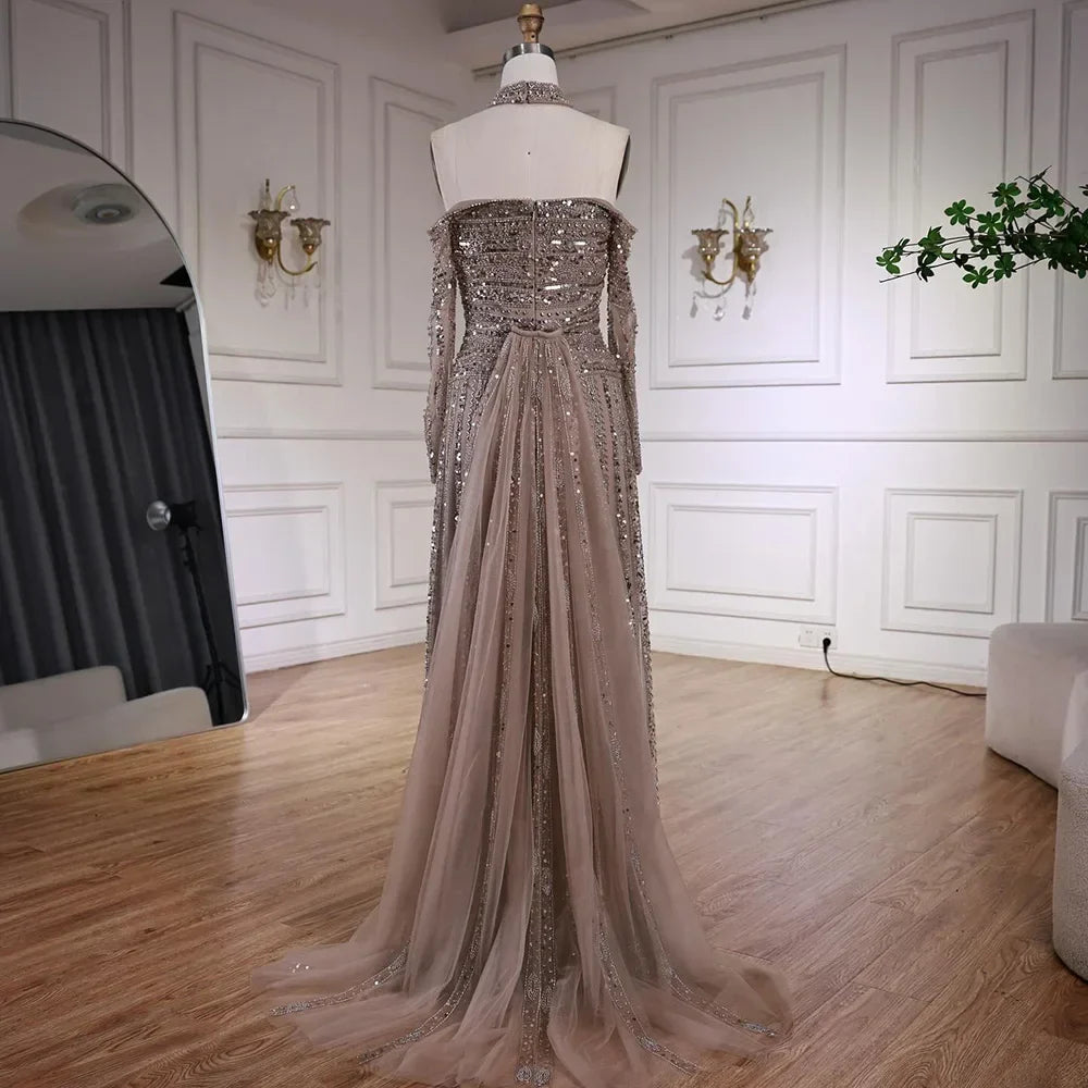 Elegant Caramel Beaded Off Shoulder Evening Dress with Long Sleeves for Formal Party Zapdress 2025 Customized (ZD17355)