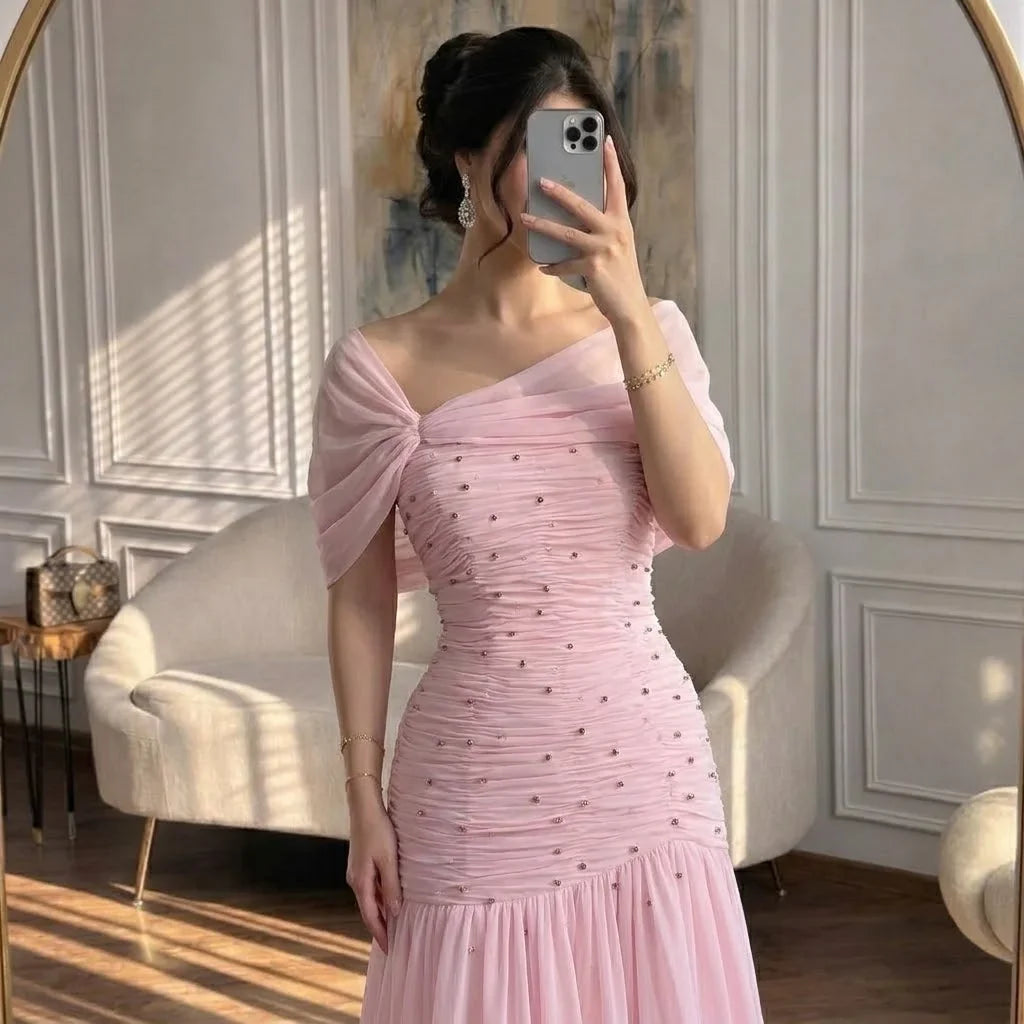 Zapdress Pink Chiffon Mermaid Evening Gowns 2026 Elegant Mermaid Off-Shoulder Pleated Ruched Prom Dresses LA73347 Customized (ZD17312)