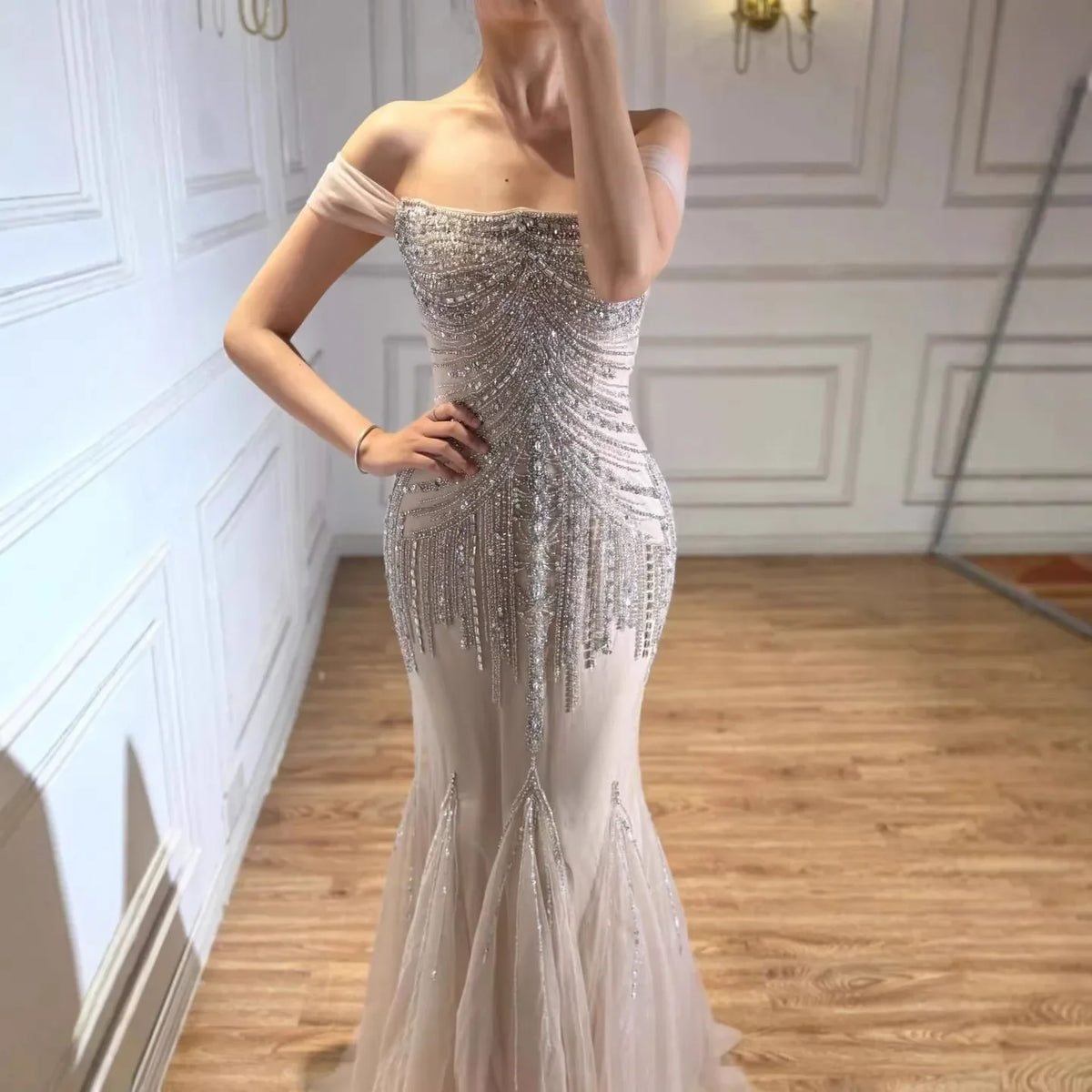 Zapdress 2026 Nude Off Shoulder Mermaid Beaded Evening Gowns Wedding Party Dresses for Women DLA73214 Customized (ZD17251)