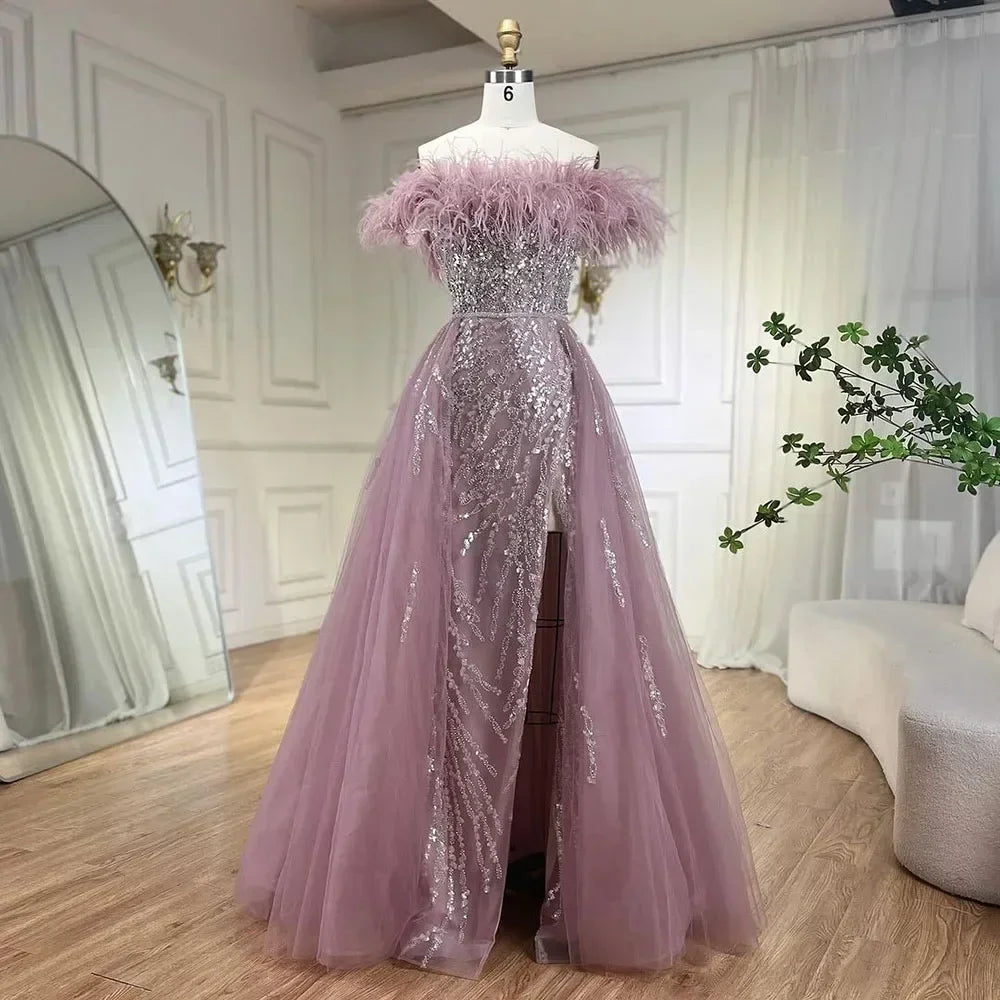 Zapdress Yellow Feathers Beaded Mermaid Evening Dresses with Overskirt Side Slit Party Gowns for Women DLA72061 Customized (ZD17213)