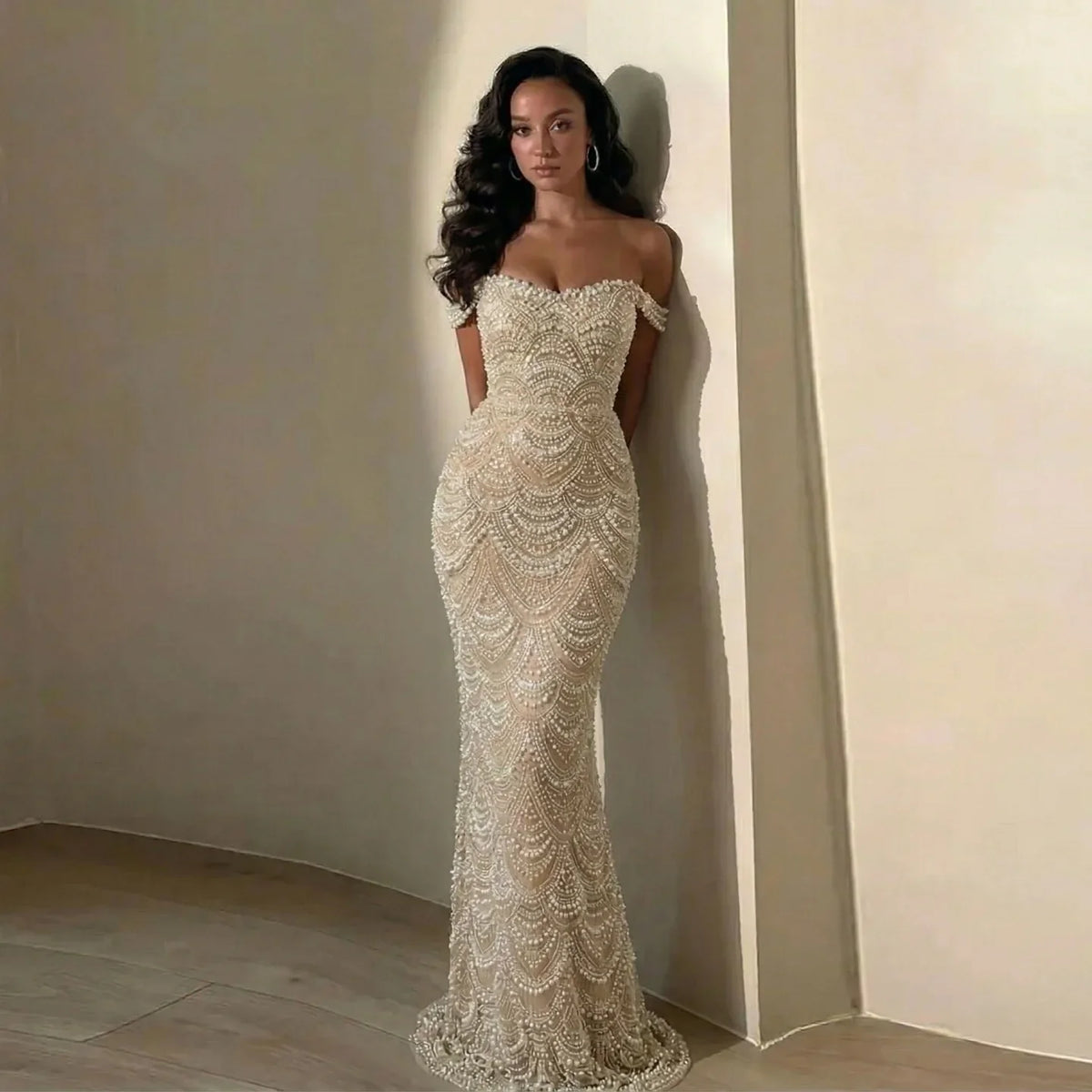 Zapdress Pearl Beaded Off Shoulder Mermaid Evening Gown High-end Formal Occasion Party Dress Kosov Customized DLA73395A (ZD17278)