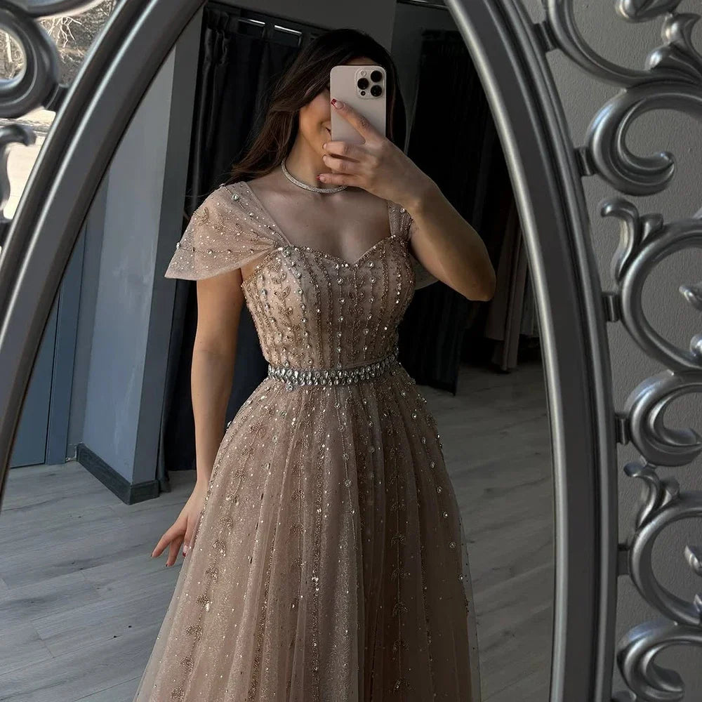 Zapdress 2025 Customized Dubai Nude A-Line Beaded Backless Evening Dresses Gowns for Wedding Party (ZD17261)