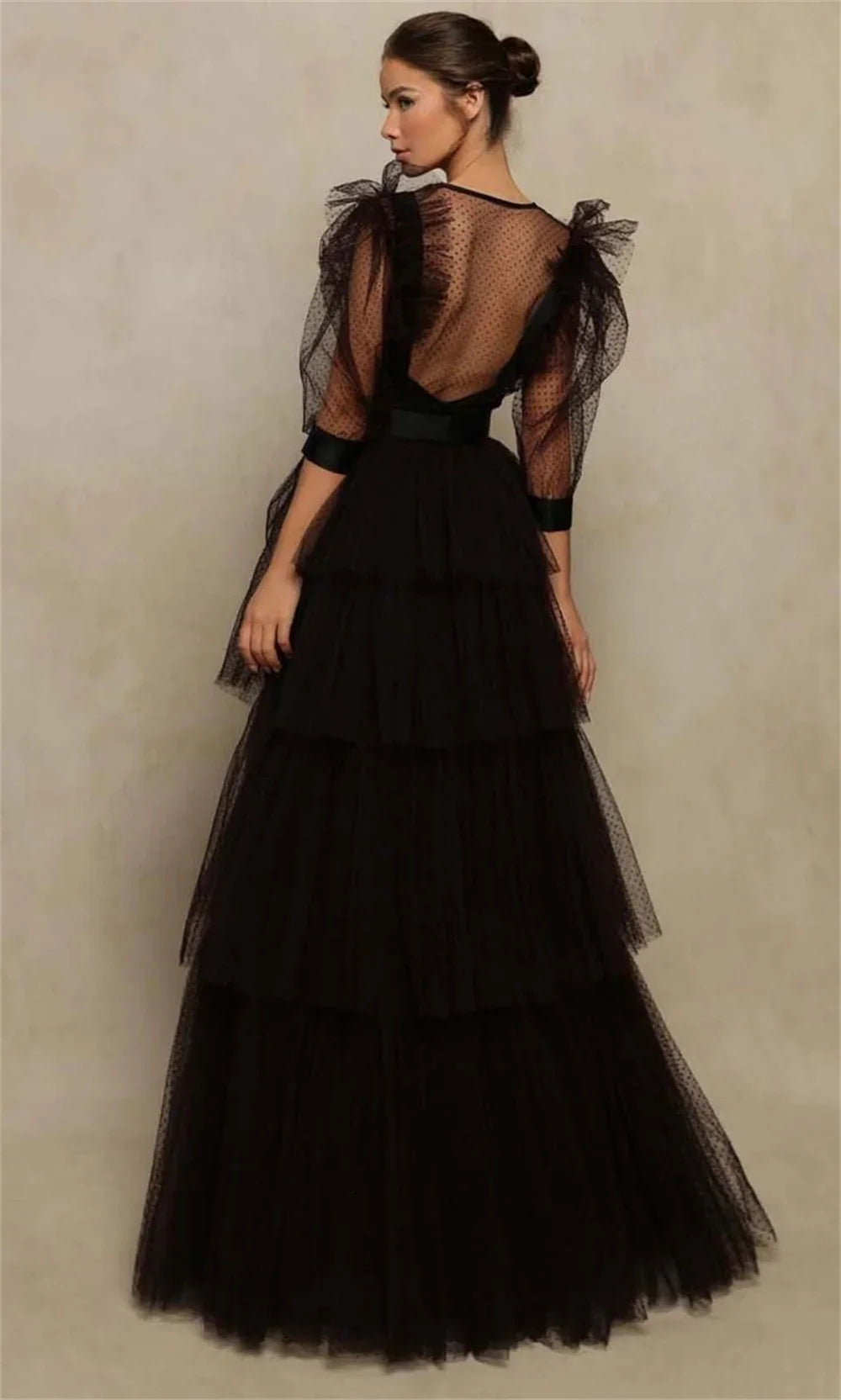 Black Multilaye Evening Dress Sexy Puffy Sleeve Prom Dress Sexy A-line Party Dress Pleats فساتين مناسبة رسمية