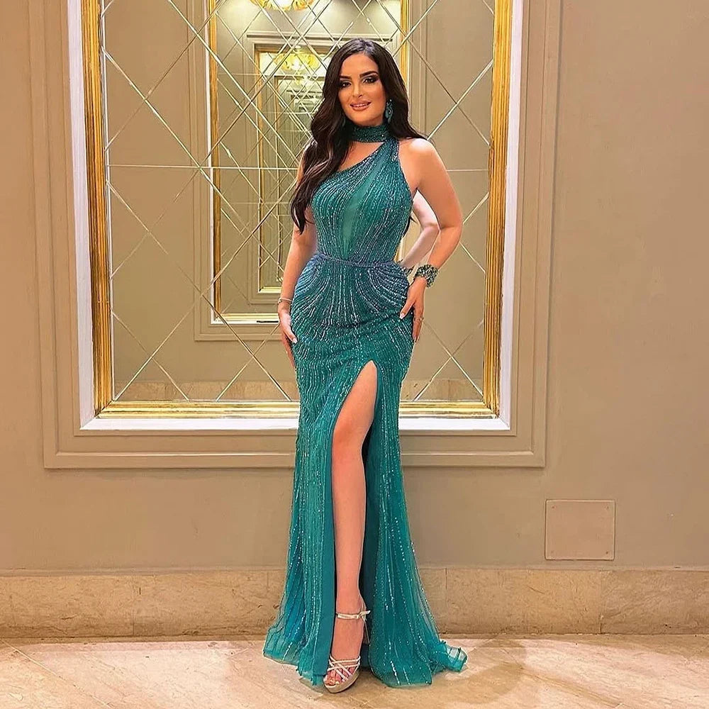 Zapdress Green Halter Sleeveless Beaded Mermaid High Split Evening Dresses Party Gowns for Women DLA72092 Customized (ZD17217)