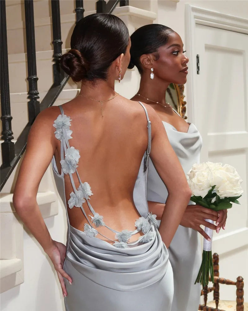 3D Flower Draped Open Back Maxi Dress