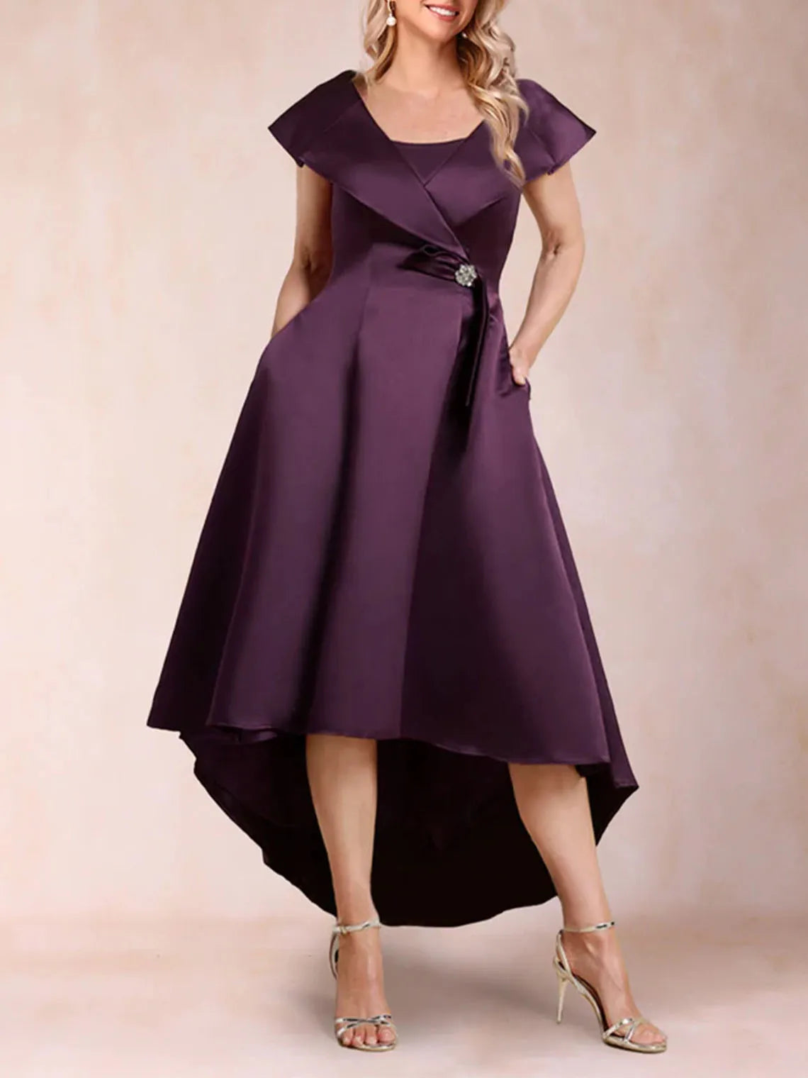 Mother Of The Bride Dress - Elegant A-Line Wedding Guest Dress Square Neck Satin Asymmetrical Hemline Mother of the Bride Evening Dress Free Customized Grape