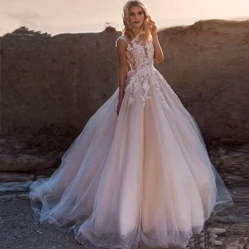 Scoop Lace Applique A Line Wedding Dresses Sleeveless Illusion Tulle Boho Bridal Gown Vestido De Noiva (ZD14038)