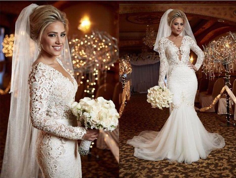 Scoop Long Sleeve Lace Wedding Dress Online Mermaid Backless  Bridal Gowns WE0035