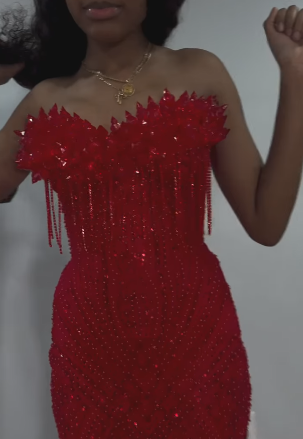 The Ruby Heiress - 2026 Hand-Beaded Crimson Mermaid Gown with Matching Crystal-Encrusted Hooded Veil (ZD17402)
