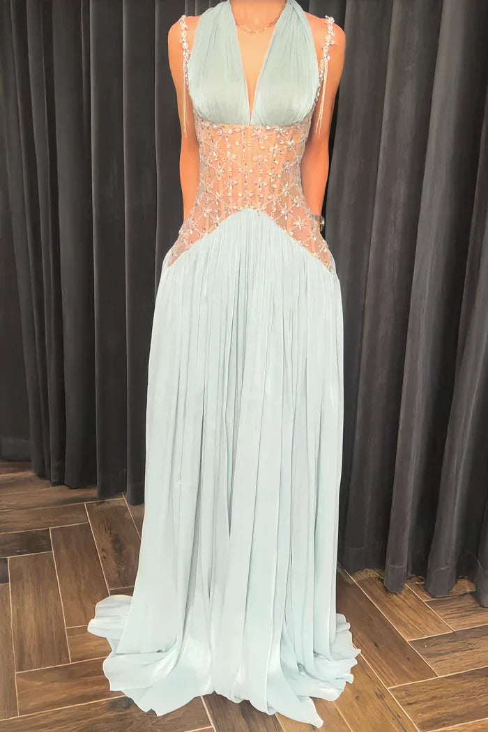 Elegant Light Blue A-line Rhinestone Deep V Halter Neck Chiffon Long Prom Dress Evening Dress