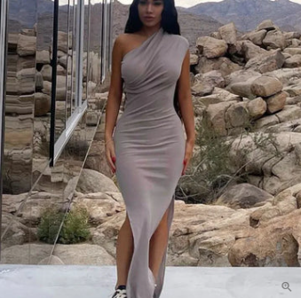 Annalisa Statement Cocktail Dress with Side Slit and One Shoulder Straps Evening Wear Edit