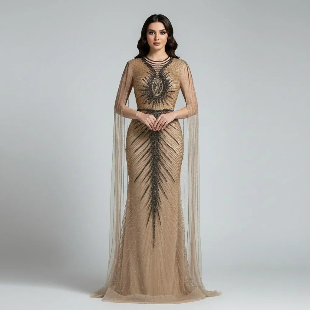 Zapdress Luxury Beaded Mermaid Evening Dresses with Cape Sleeves Caramel Formal Party Gown for Women Customized (ZD17180)