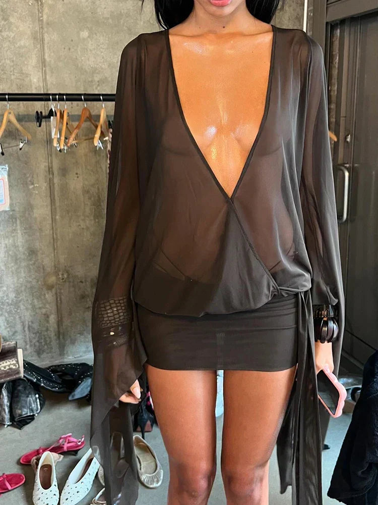 Mesh Irregular Bandage Low Neck Mini Dress - View 3 | VelvetHem