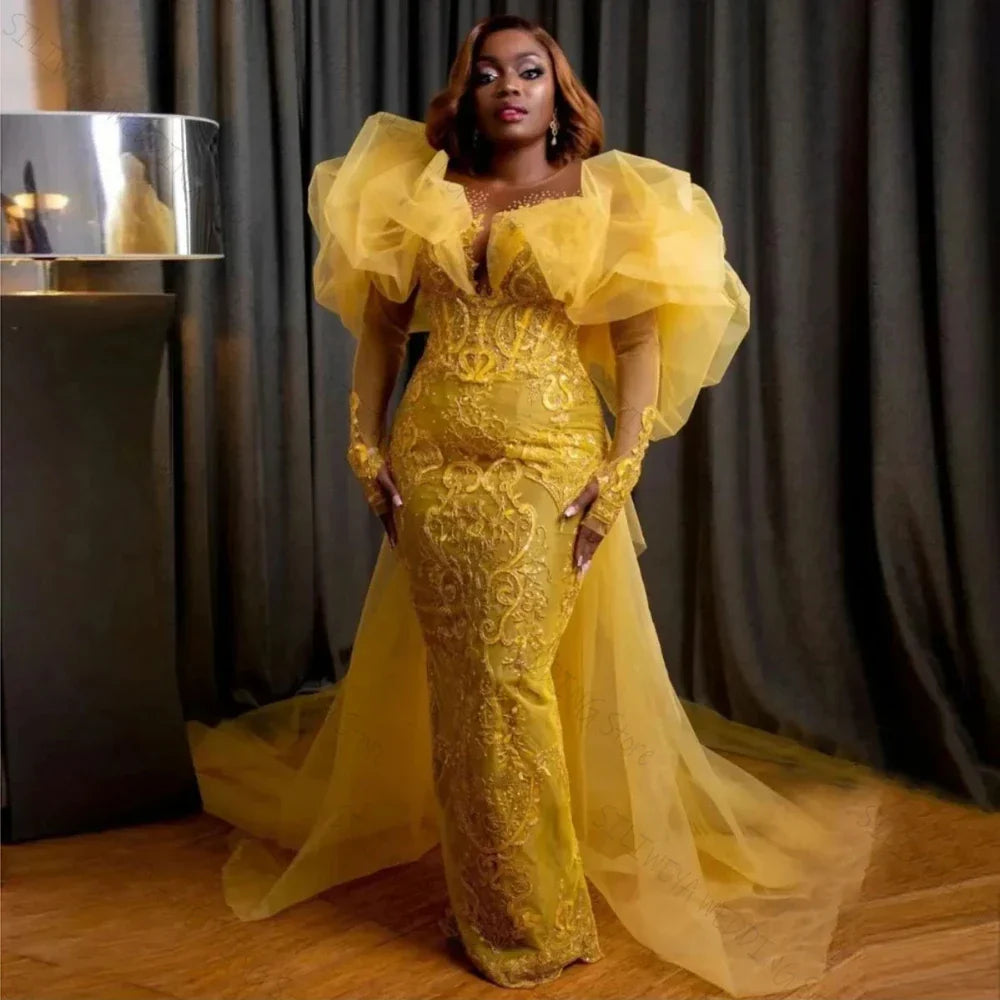 Yellow Lace Evening Dresses Aso Ebi Long Sleeves Mermaid African Plus Size Women Night Party Gowns
