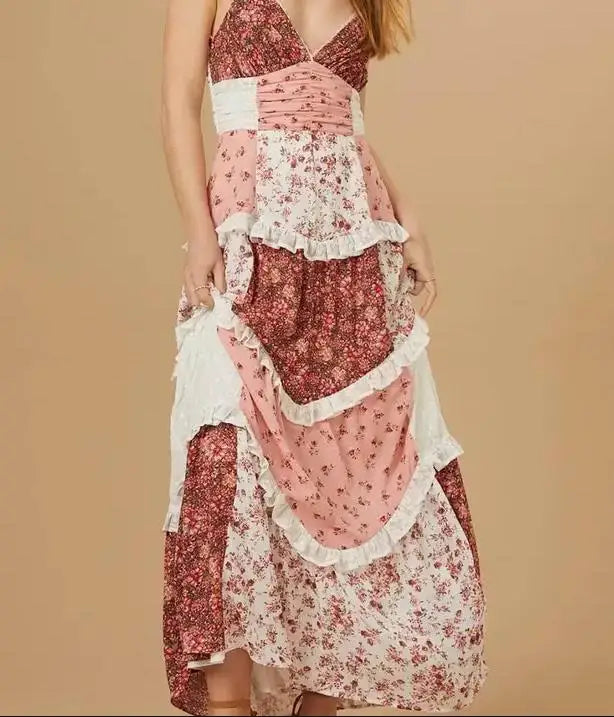 Boho Tie Shoulder Patchwork Floral Dress - View 7 | VelvetHem
