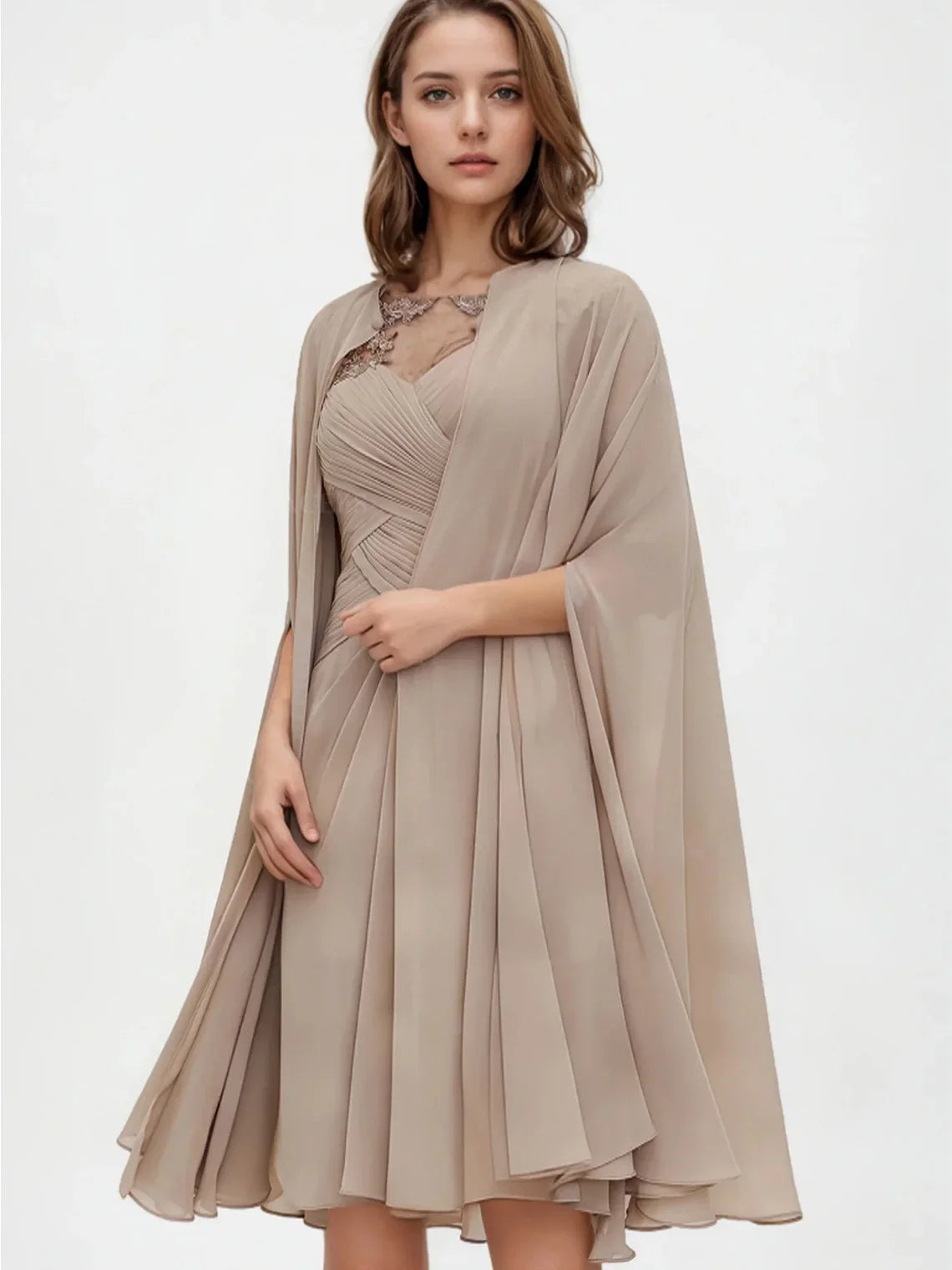 Mother Of The Bride Dress - Elegant Sheath Chiffon Dress Bateau Neckline Half Sleeve Knee-Length Appliqued Pleated Jacke Evening Dress Free Customized Brown