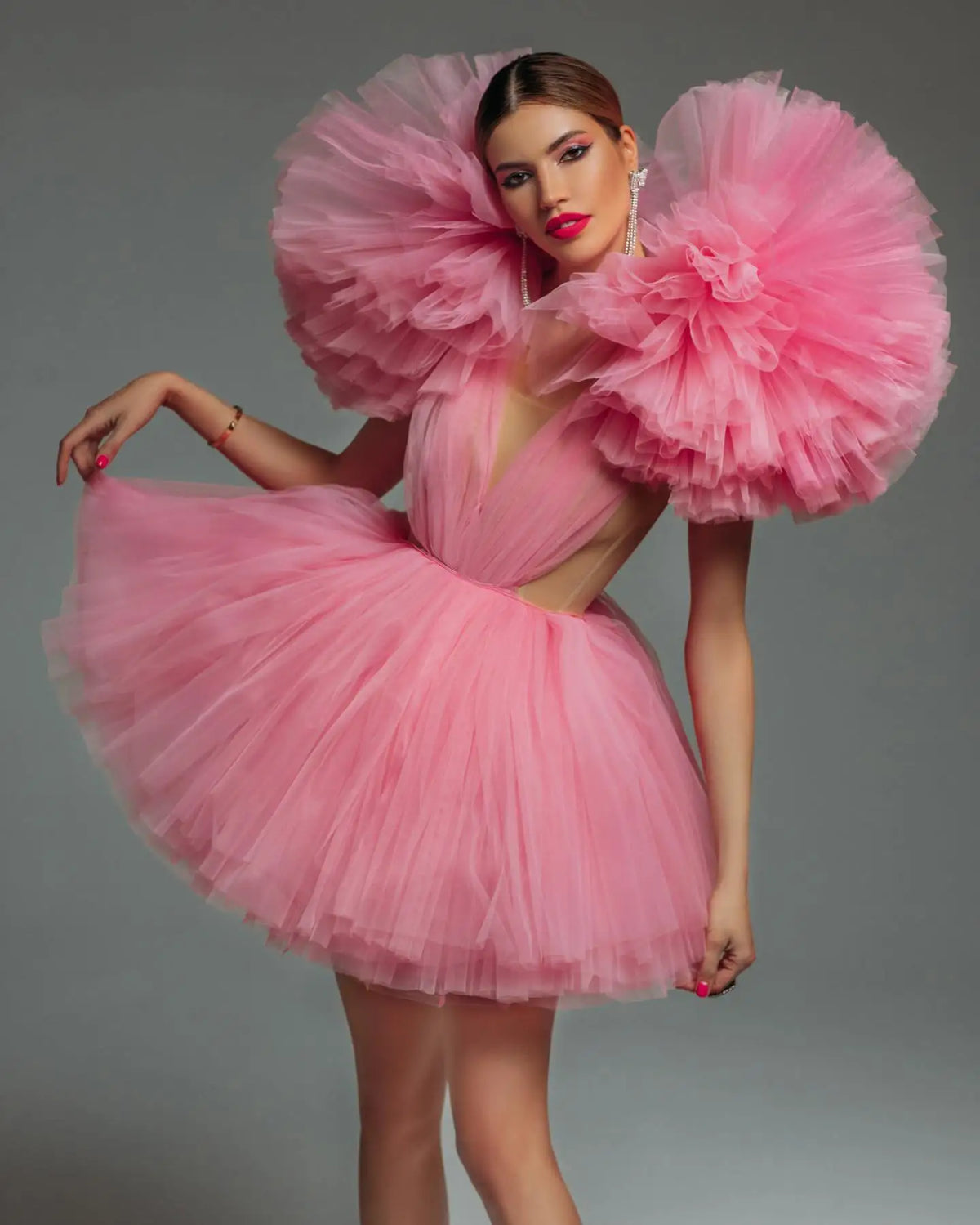 Pink Tulle Ruffled A-Line Party Dress - View 2 | VelvetHem