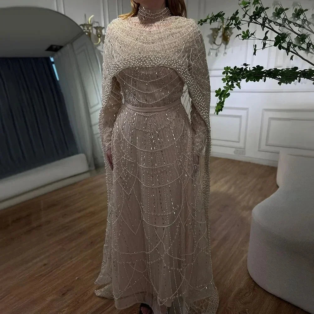 Zapdress Customized Green Long Sleeve A-Line Evening Dresses with Cape Muslim Wedding Party Gowns For Women LA72032B (ZD17241)