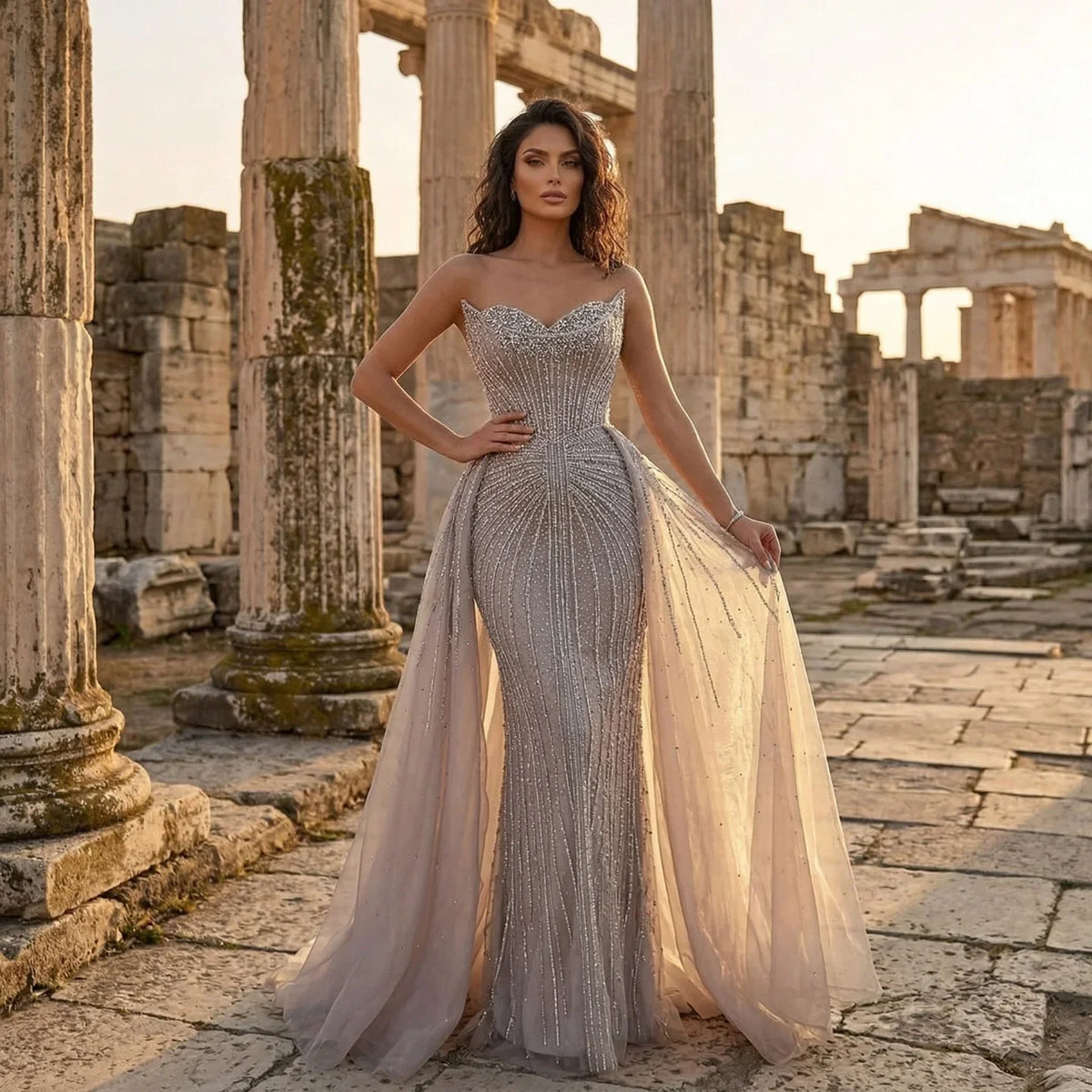 Zapdress Caramel Beaded Tulle Evening Dress Strapless Sweetheart Formal Party Gown with Over-skirt DLA72811D Customized (ZD17282)