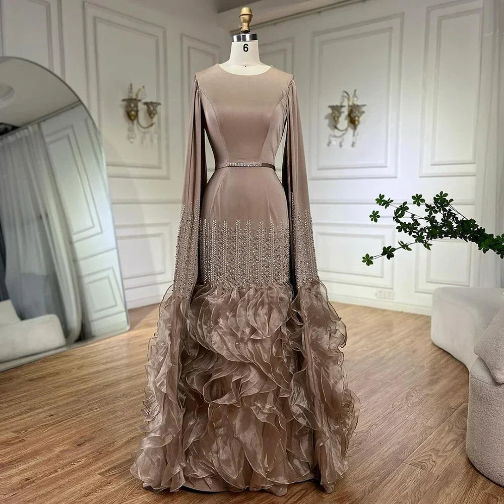 Zapdress 2025 Champagne Mermaid Luxury Cape Sleeves Beaded Satin Saudi Evening Dresses Gowns for Party DLA72317A Customized (ZD17235)