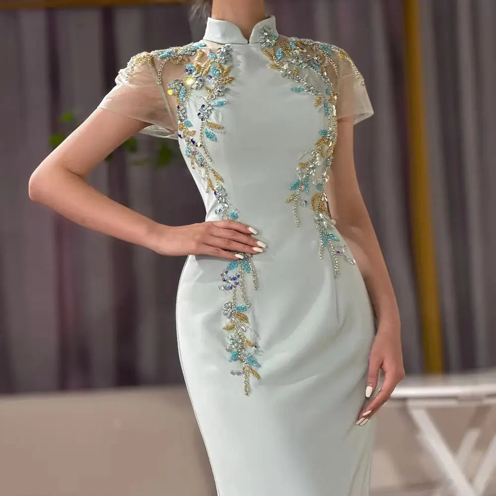 Zapdress Customized 2025 Saudi Mint Mermaid Beaded Satin Evening Dress Gown with for Formal Occasion (ZD17308)