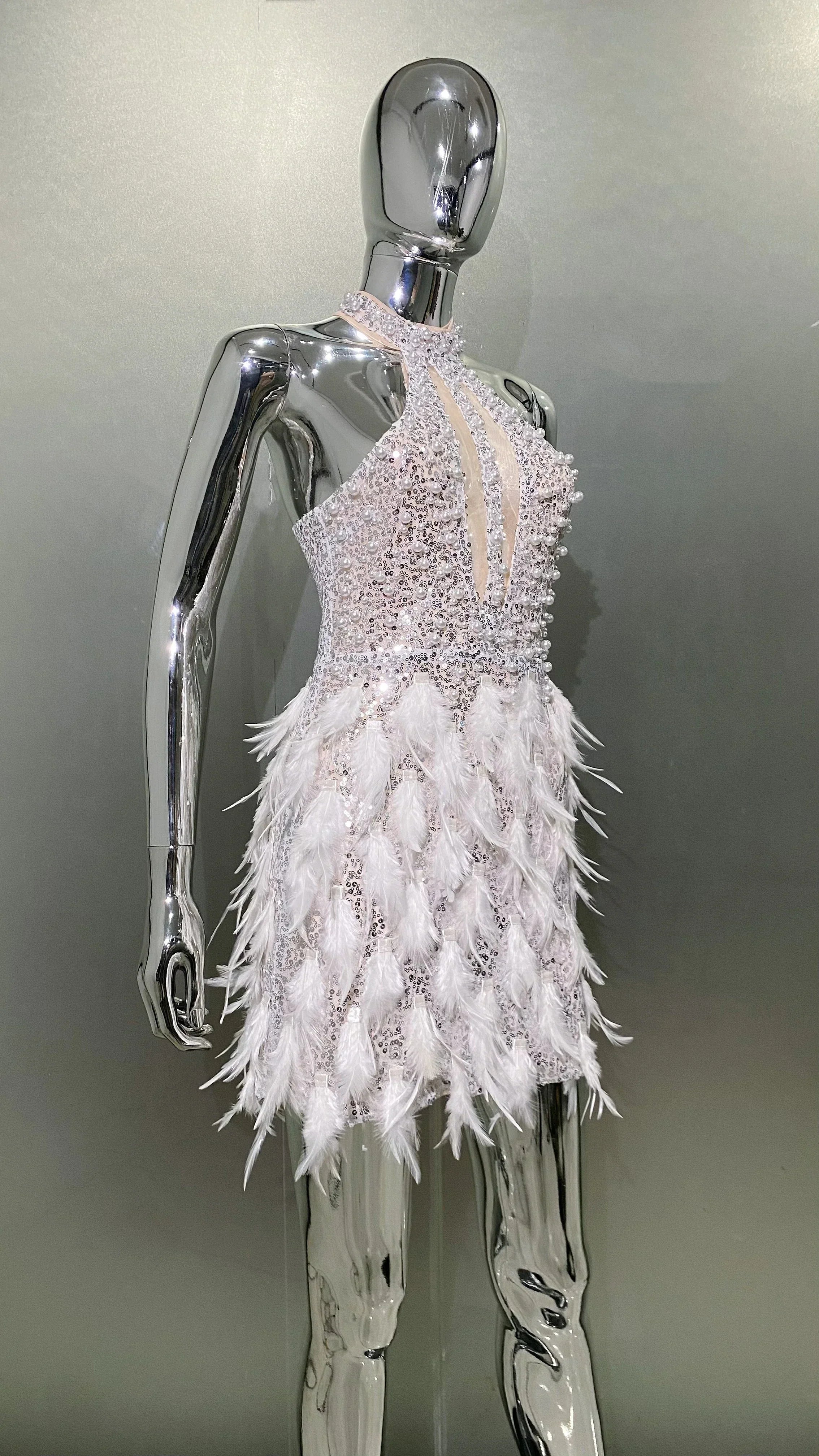 Gorgeous Feathers Beading High Slit Strapless Long Dress Woman Evening Dress Celebrity Birthday Party Outfit