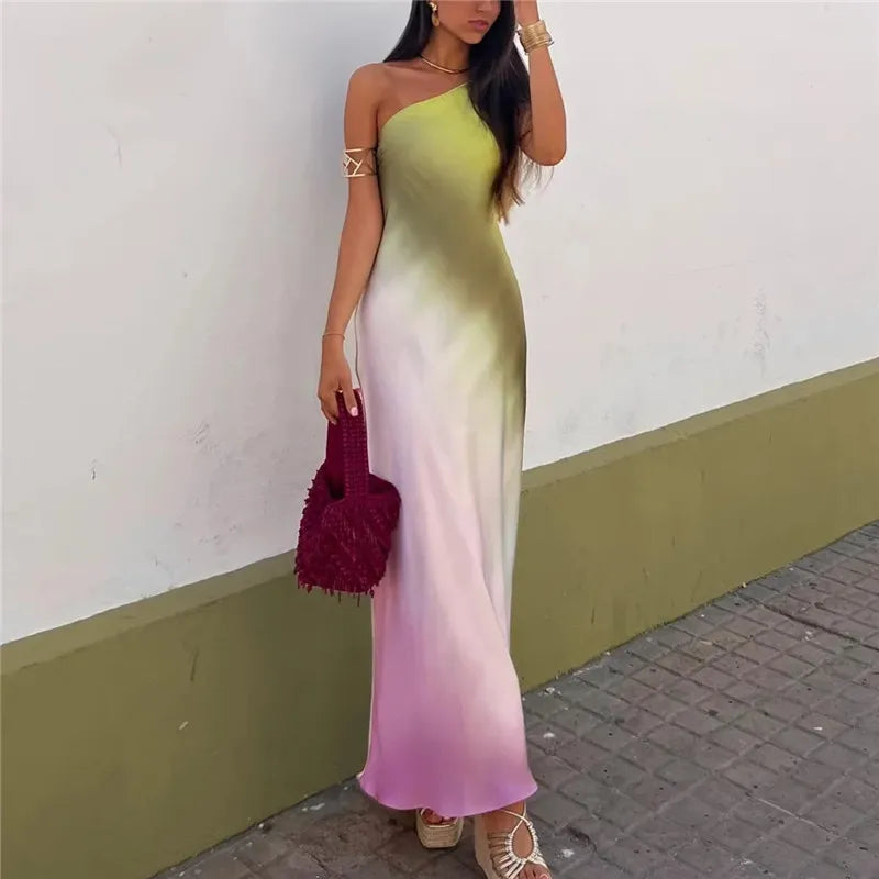 Tie Dye Satin Asymmetrical Midi Summer Dress - View 2 | VelvetHem