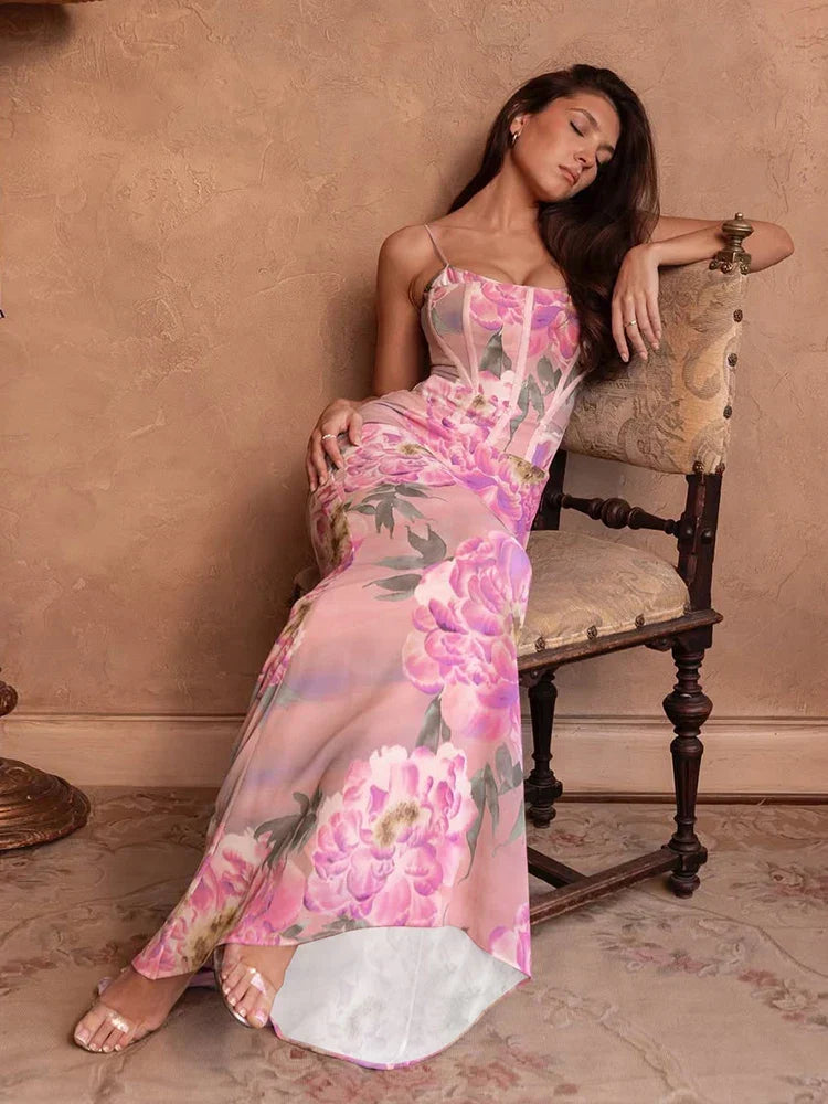 Dot Halter Slim Cleavage Floral Dress - View 4 | VelvetHem