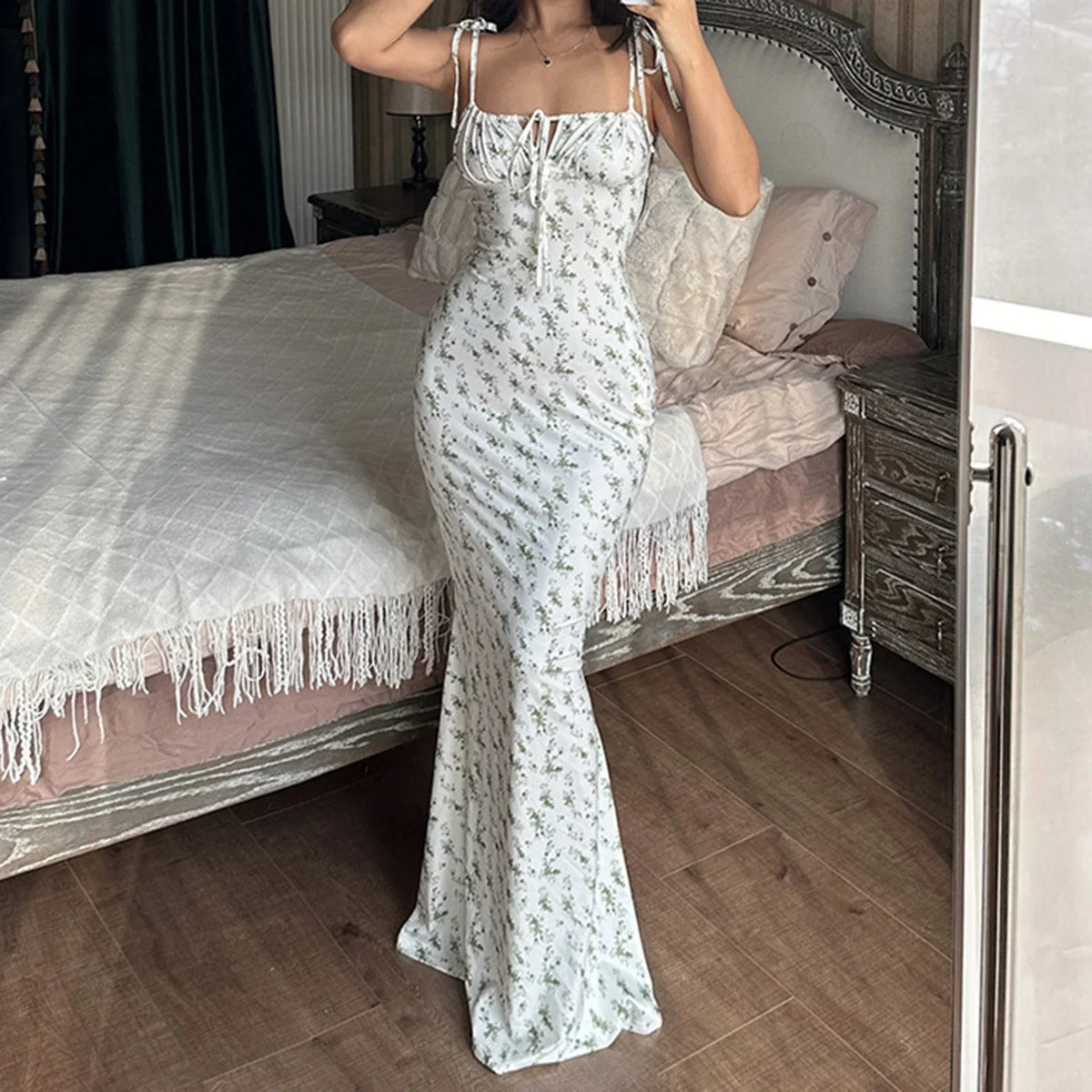 Tie-up Split Spaghetti Floral Dress - View 4 | VelvetHem