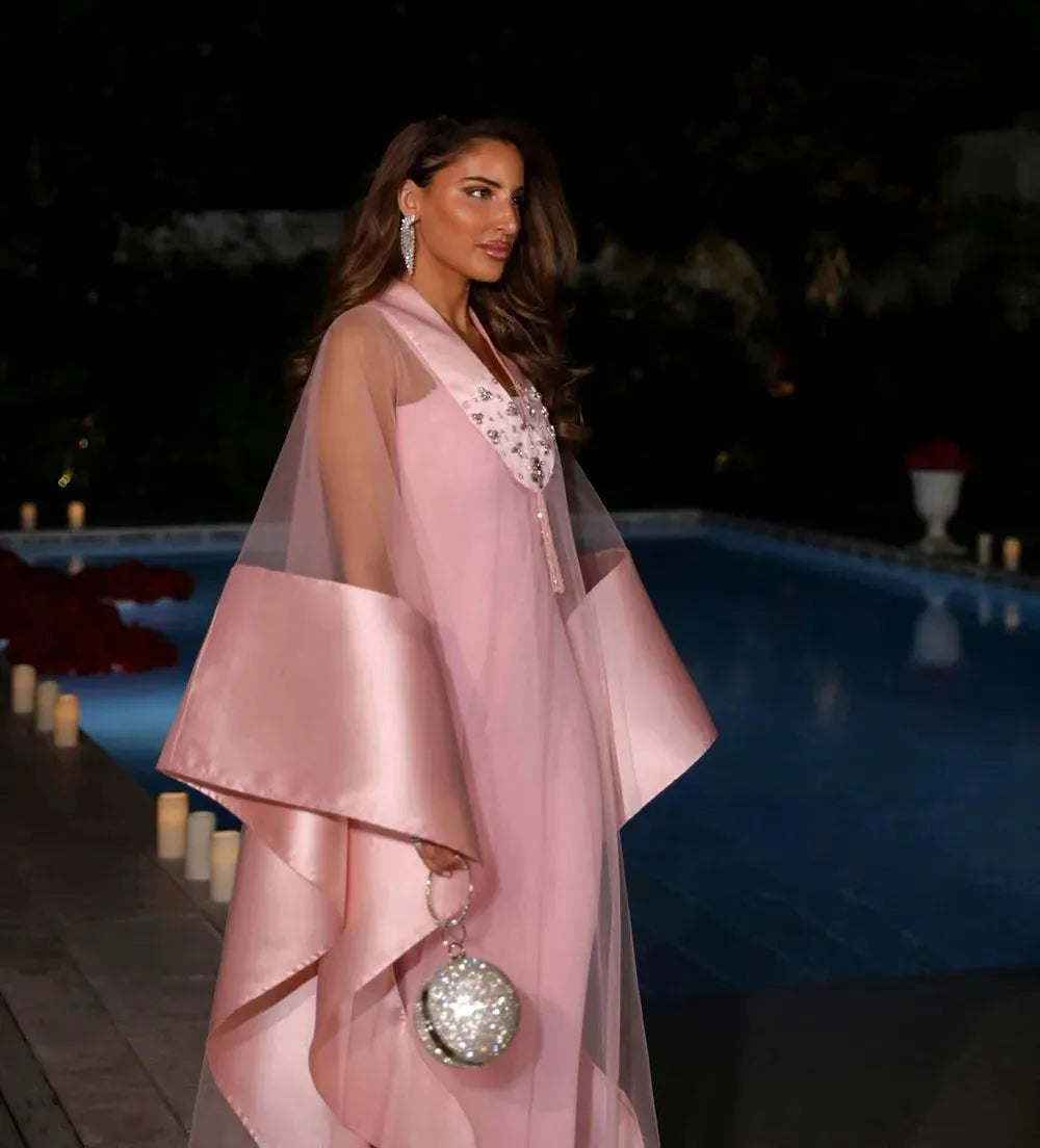 Arabic Pink Evening Dresses With Detachable Cape Crepe Mermaid Special Occasion Dresses For Women Party Prom Gown
