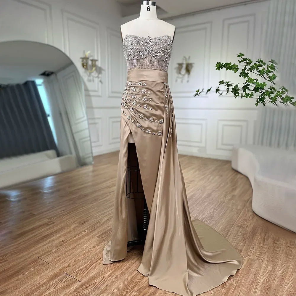 Zapdress Customized Nude Strapless Mermaid High Split Evening Dresses with Skirt Beaded Party Gowns For Women 2025 (ZD17205)