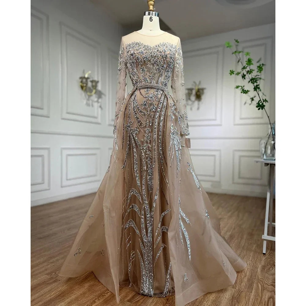 Zapdress Customized Nude Long Sleeves Mermaid Beaded Muslim Evening Dresses Overskirt Dubai Party Gowns For Women (ZD17233)