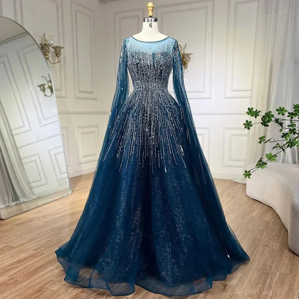 Zapdress Blue Cape Sleeves A-Line Beaded Evening Dresses Customized Party Gowns for Women DLA72248A (ZD17176)