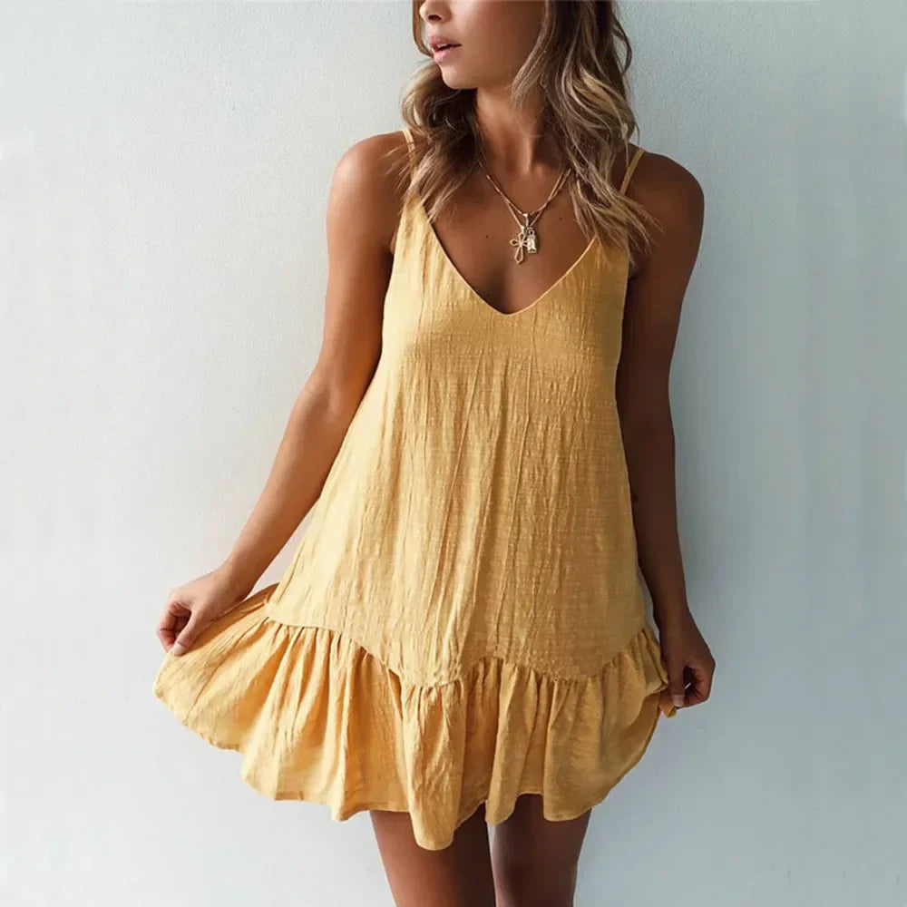 Spaghetti Strap Ruffle Cotton Linen Off Shoulder Slip Dress
