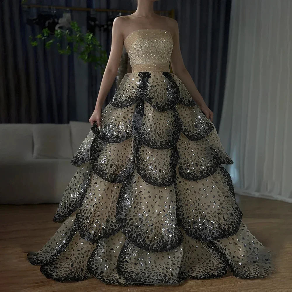 Zapdress Customized 2025 Black Nude Strapless Evening Prom Dresses Sequined Tiered A-line Party Gowns for Women DLA72505A (ZD17188) - VelvetHem
